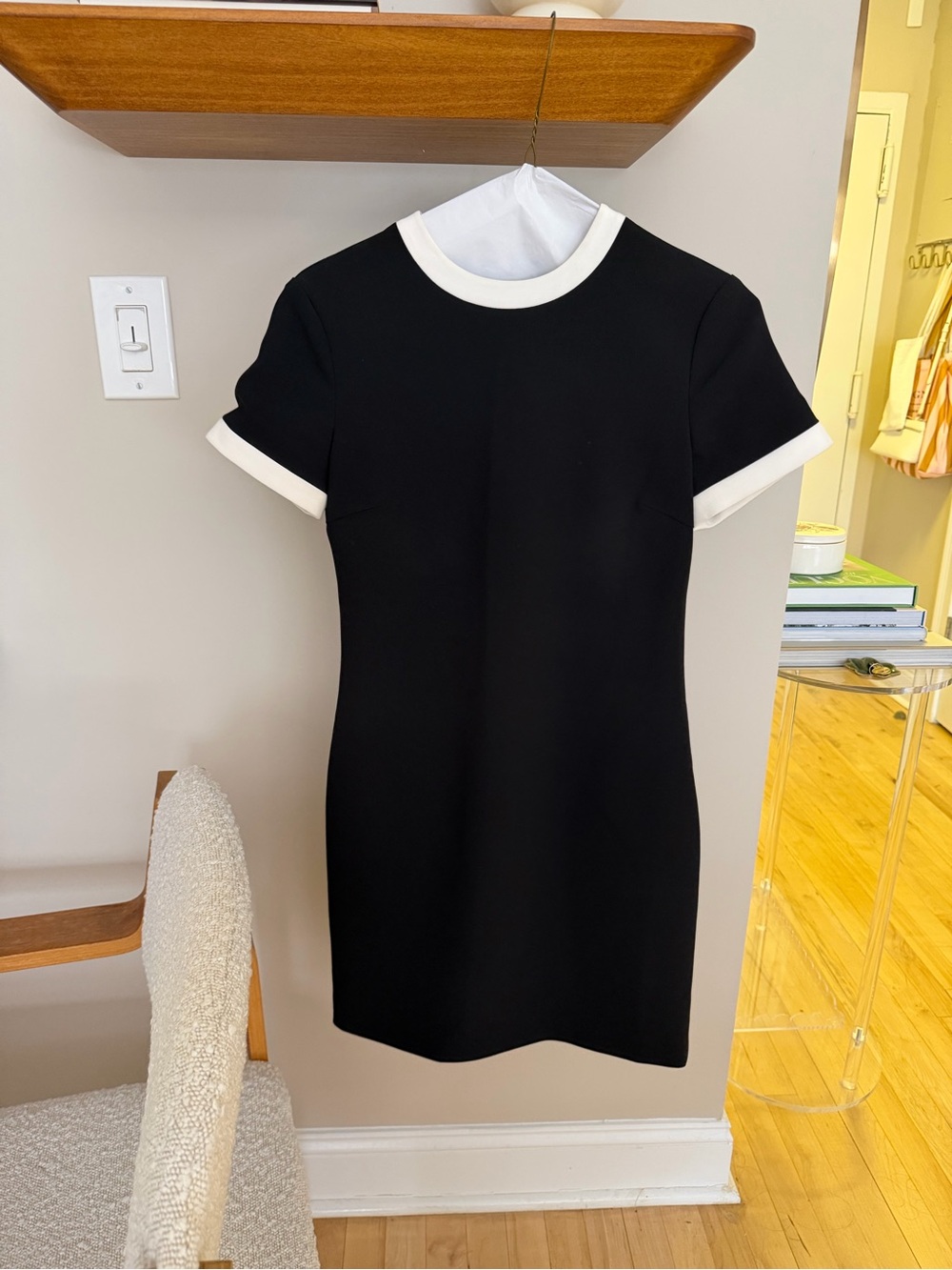 Theory Black Short-Sleeve Mini Dress with White Trim